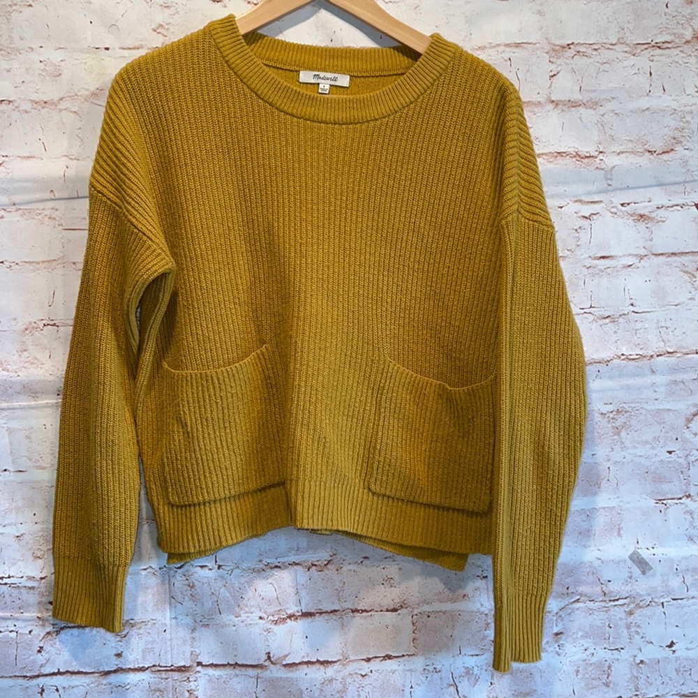 Madewell patch pocket pullover sweater mustard yellow small tight knit cotton S